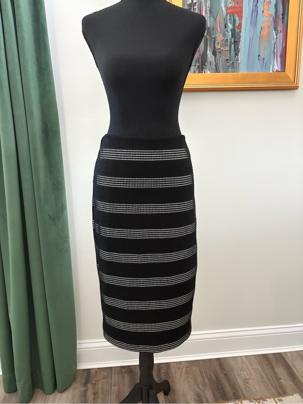 Classic Black & Gray Striped Knit Pencil Skirt